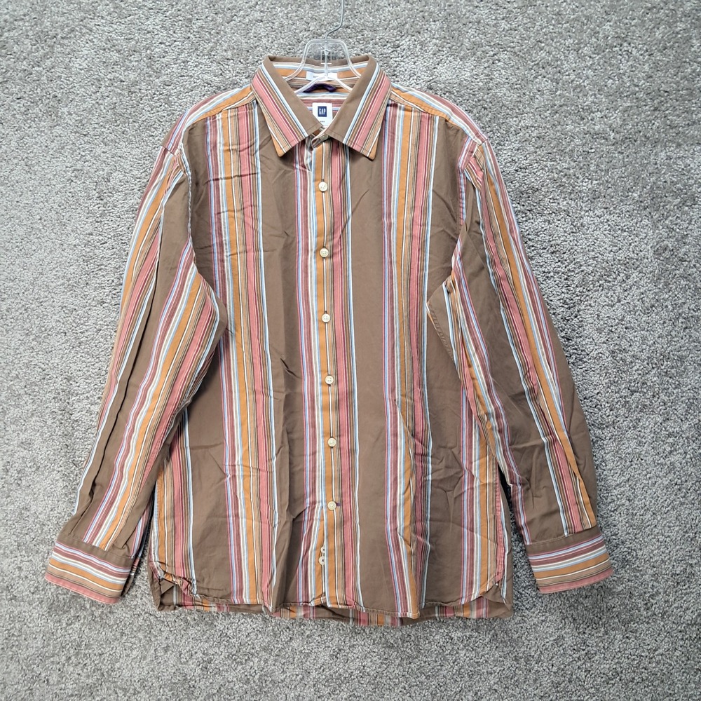 Gap Premium Mens Brown Multi Color Striped Long Sleeve Button Down Shirt Size M